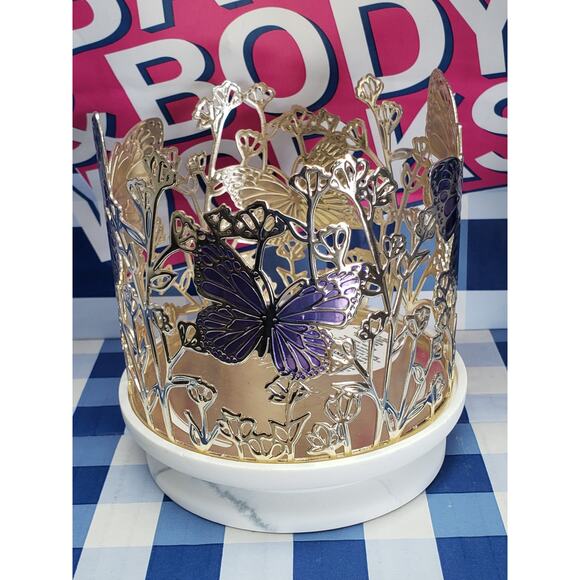 BBW Gold / Purple Butterfly w. Marble Base 3 Wick Candle Holder Home Decor - Picture 2 of 3
